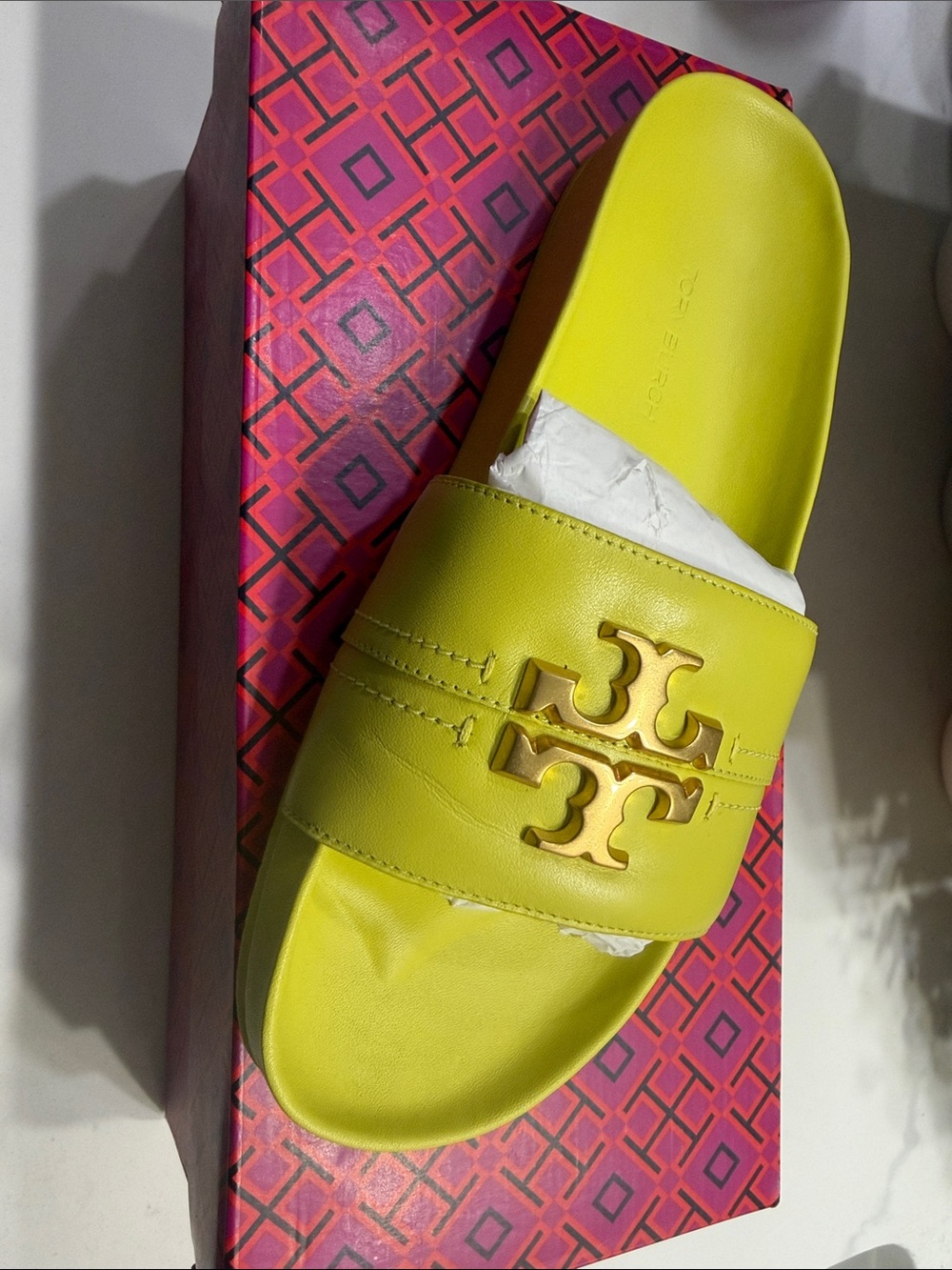 Tory Burch Lime Leather Logo Slide Sandal